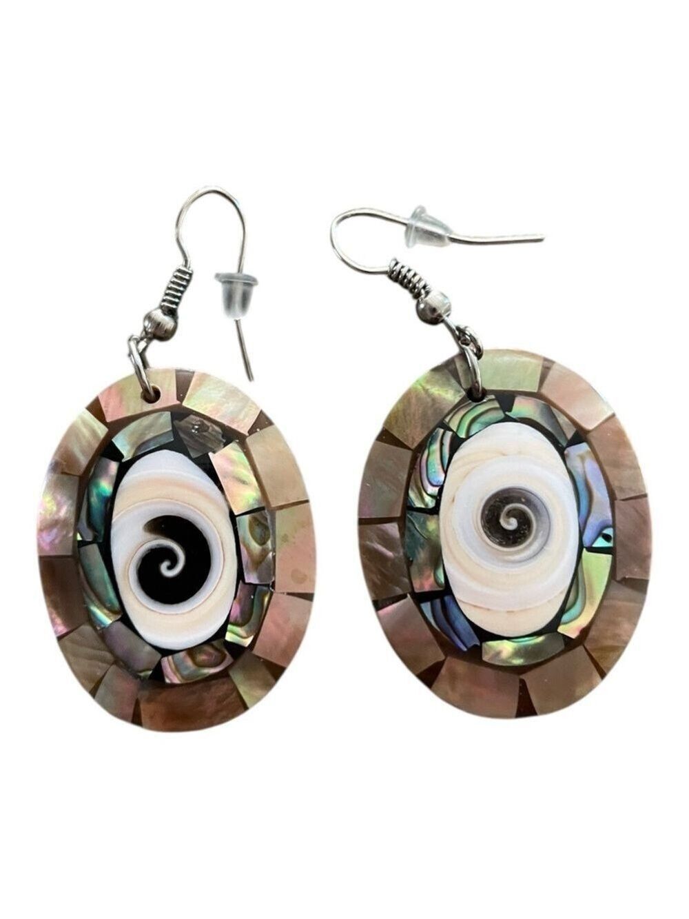 Iridescent Paua Abalone Natural Shell Swirl Earrings, Handmade Shiva Eye Center